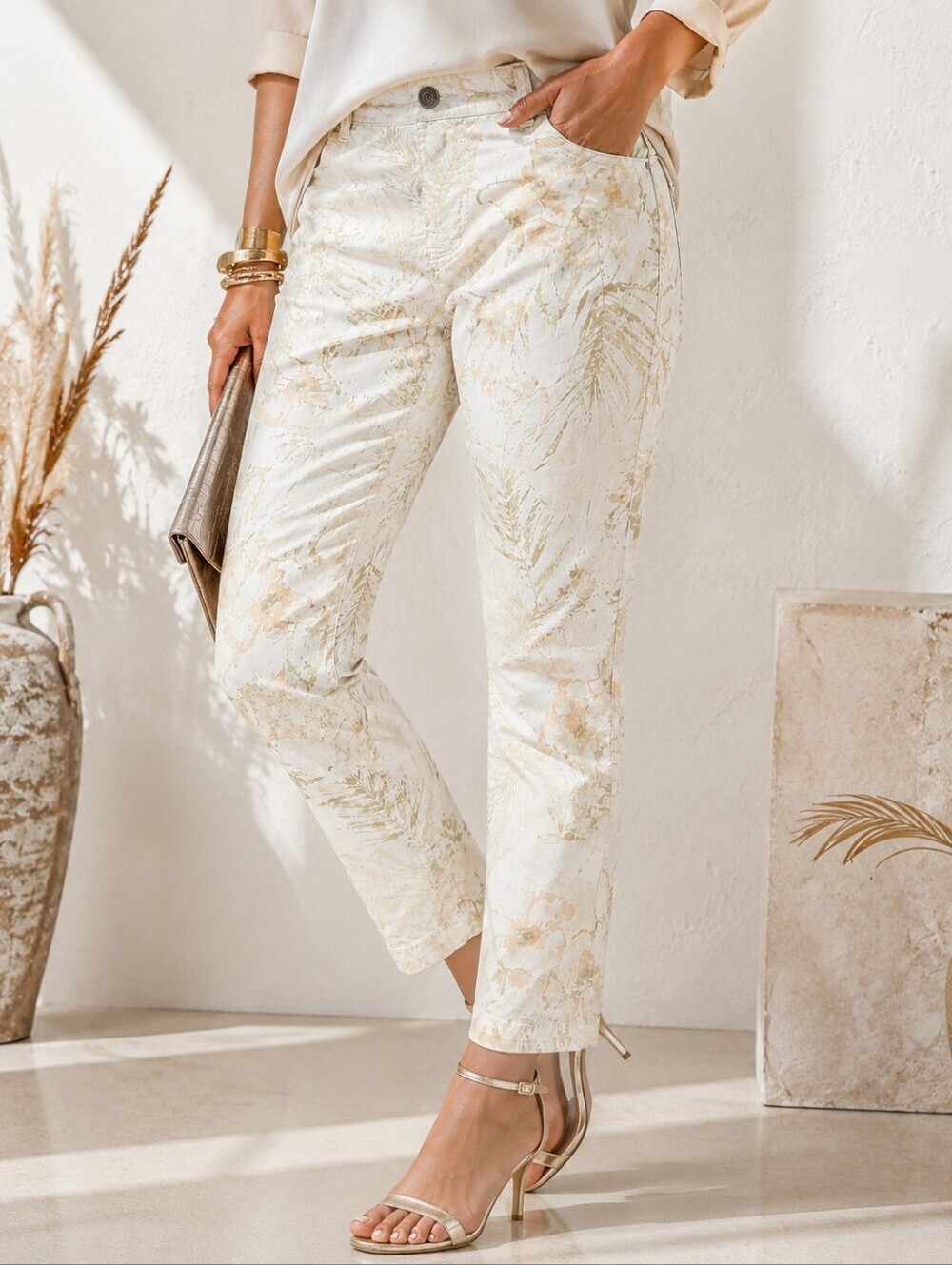 Marrakech Floral Print Slim Straight Pants Cotton Stretch Resort Coastal 29